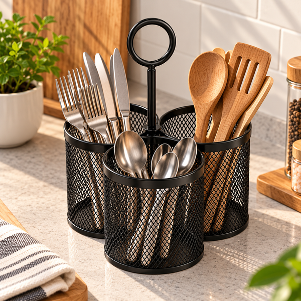 Black Metal 3-Section Cutlery Organizer