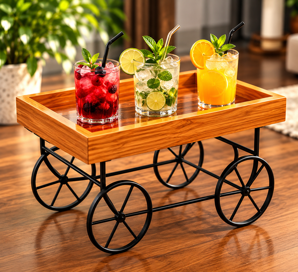 Wooden Serving Trolley with Black Metal Wheels