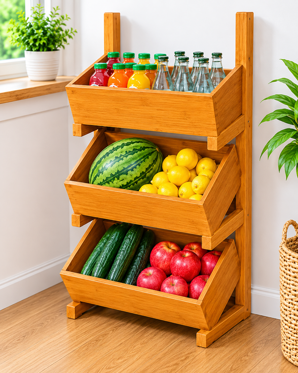 3 Tier Wooden Fruit & Vegetable Storage Rack – Multipurpose Kitchen Organizer