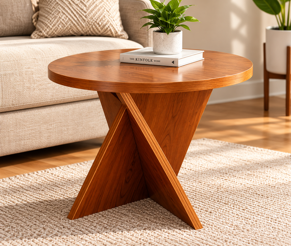 Modern Round Wooden Side Table – Stylish X-Shape Base