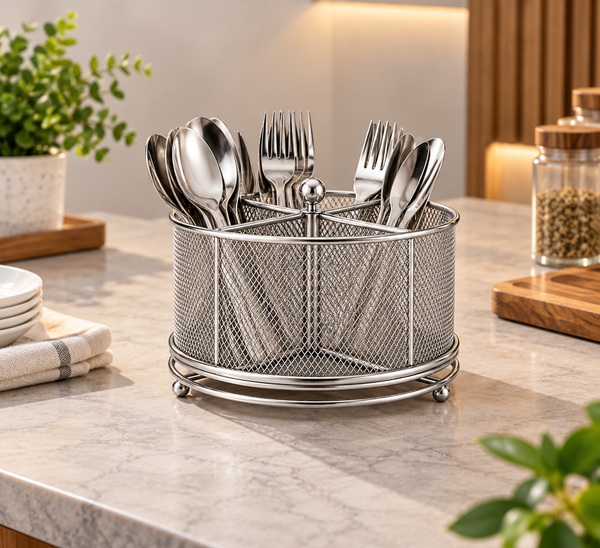 Silver Metal Mesh Cutlery Organizer – Spoon, Fork & Kitchen Utensil Holder