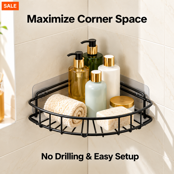 Black Metal Bathroom Corner Organizer – No-Drill Shower Rack