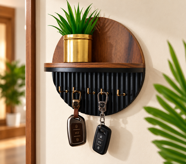 Wooden Wall Mounted Key Holder with Storage Shelf & Hooks