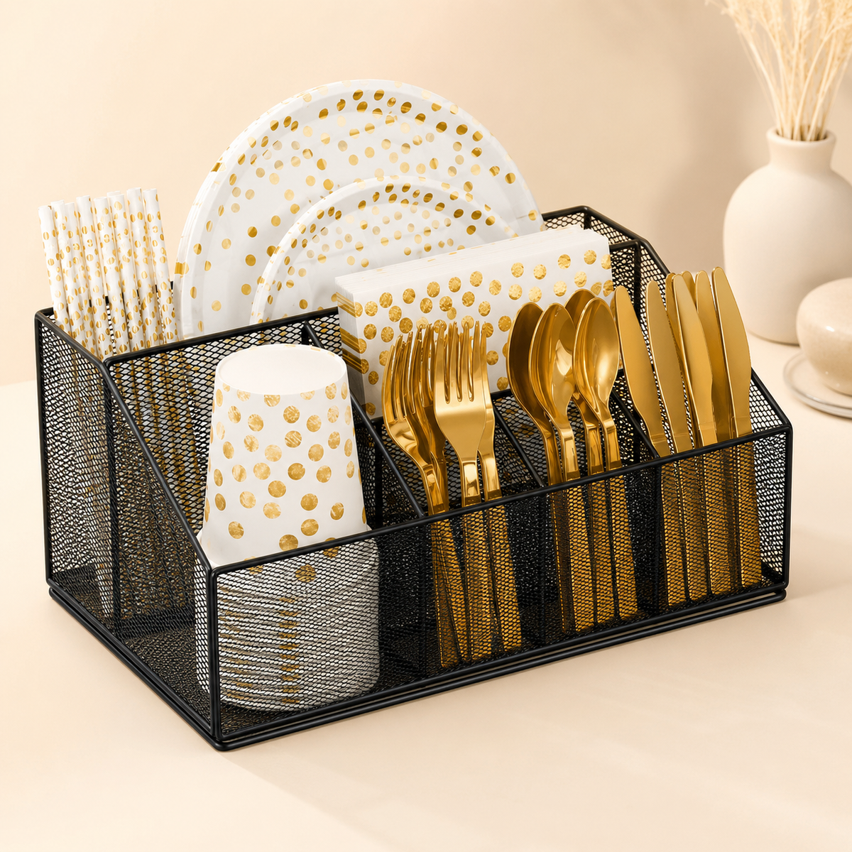 Multipurpose Metal Mesh Cutlery, Plate & Napkin Organizer