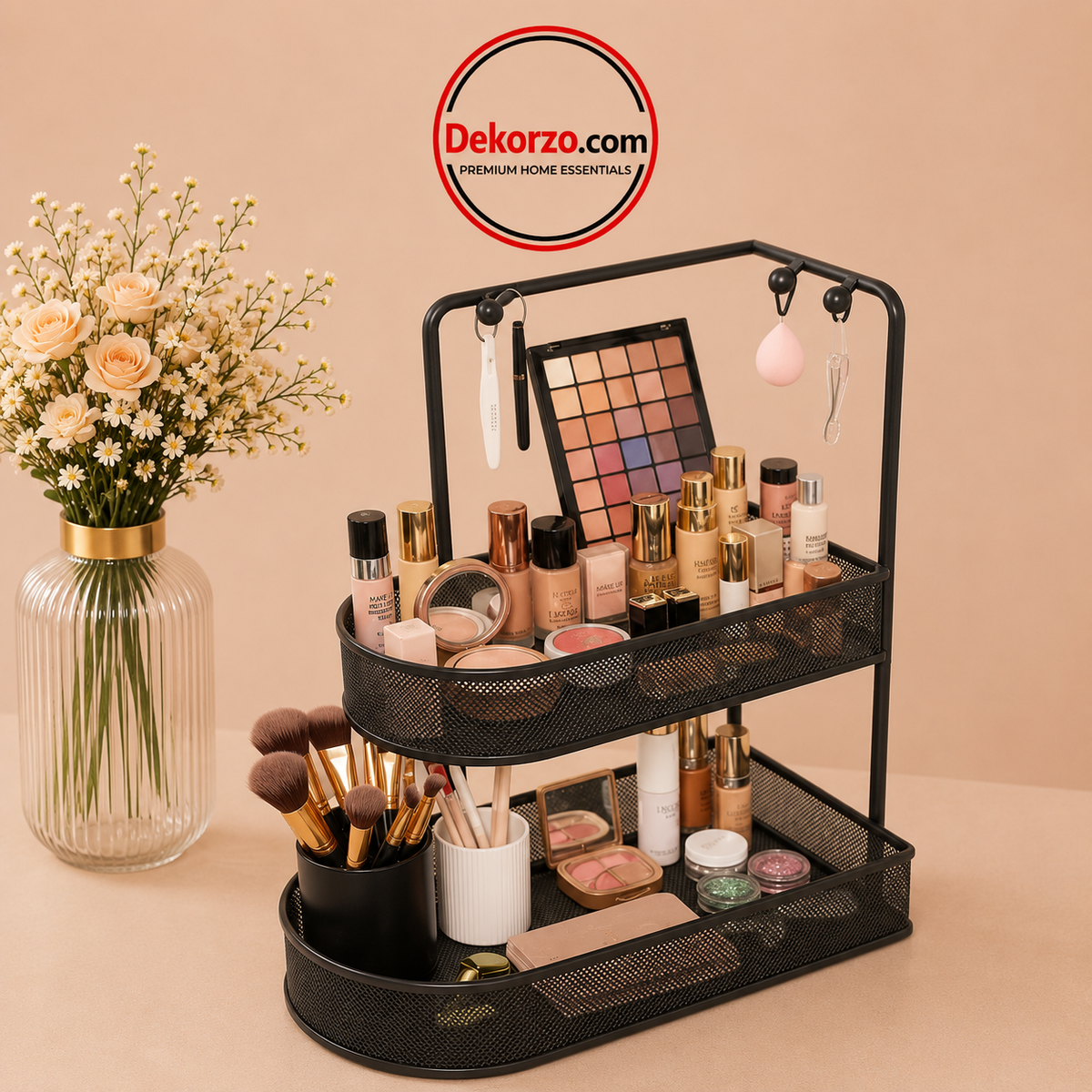 Mesh Vanity Organizer with Integrated Hooks