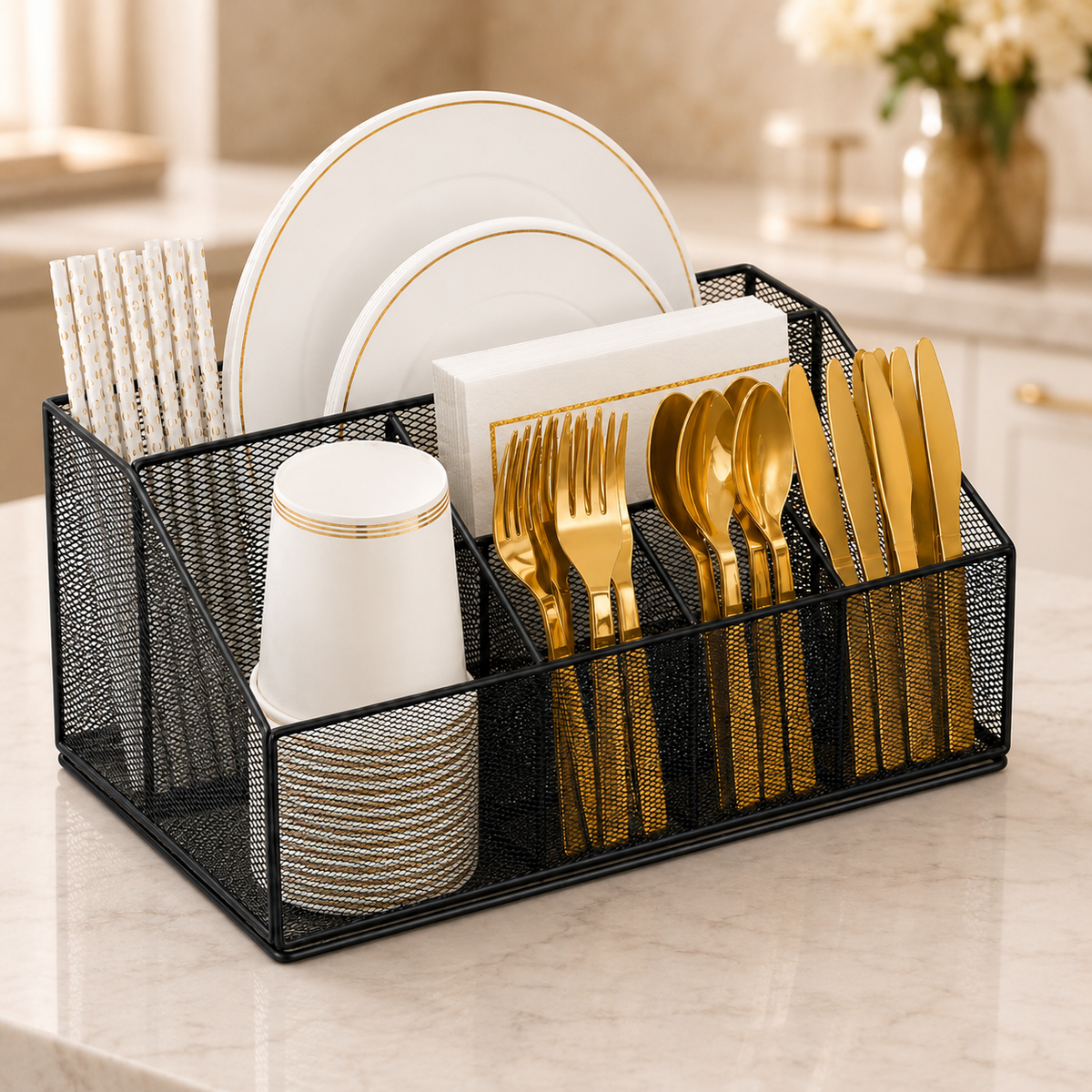 Multipurpose Metal Mesh Cutlery, Plate & Napkin Organizer
