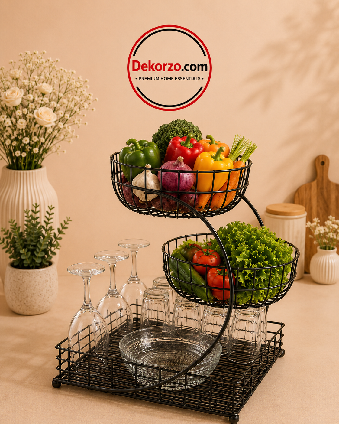 Layer Metal Fruit Basket with Glass Holder