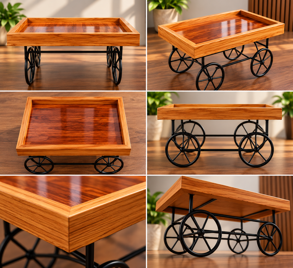 Wooden Serving Trolley with Black Metal Wheels