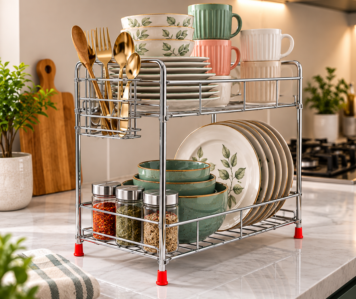 2-Tier Stainless Steel Kitchen Dish Rack with Cutlery Holder