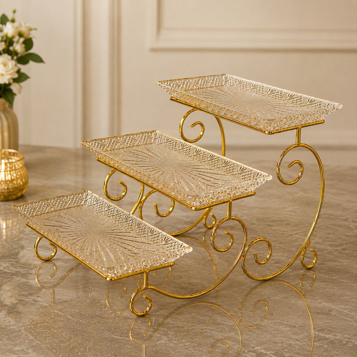 3-Tier Luxury Gold Crystal Serving Stand
