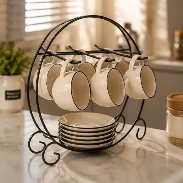 Elegant Black Metal Cup & Plate Holder – 6 Cup & 6 Plate Organizer