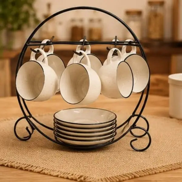 Elegant Black Metal Cup & Plate Holder – 6 Cup & 6 Plate Organizer