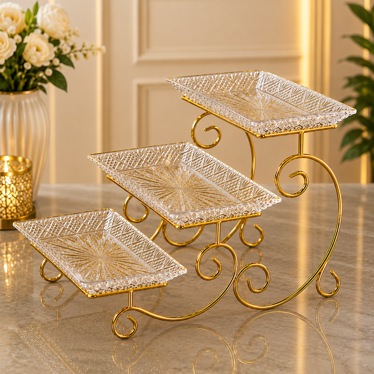 3-Tier Luxury Gold Crystal Serving Stand