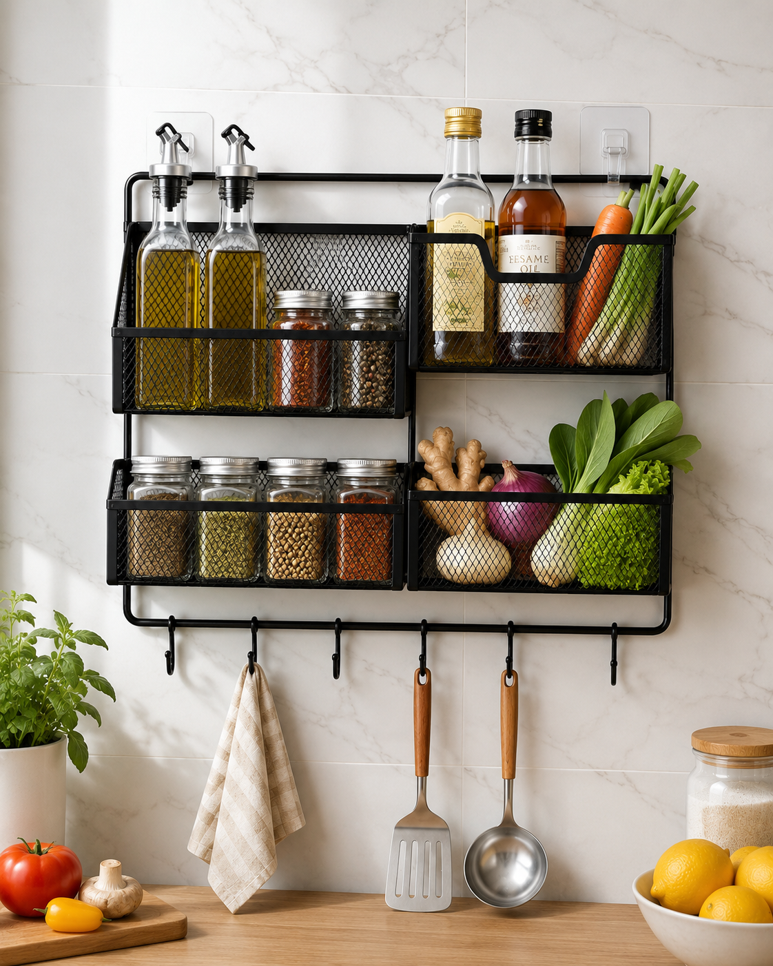 Black Metal Wall Mounted Kitchen Organizer Rack with Hooks