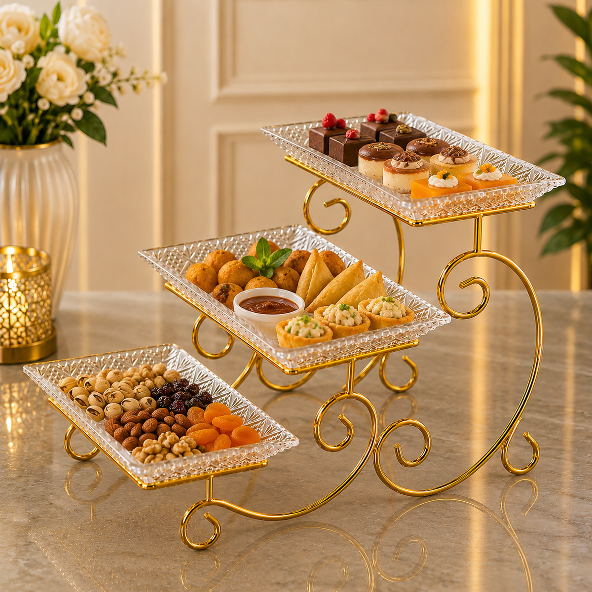 3-Tier Luxury Gold Crystal Serving Stand