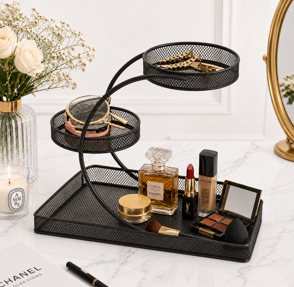 3-Tier Metal Organizer Stand with Tray – Black