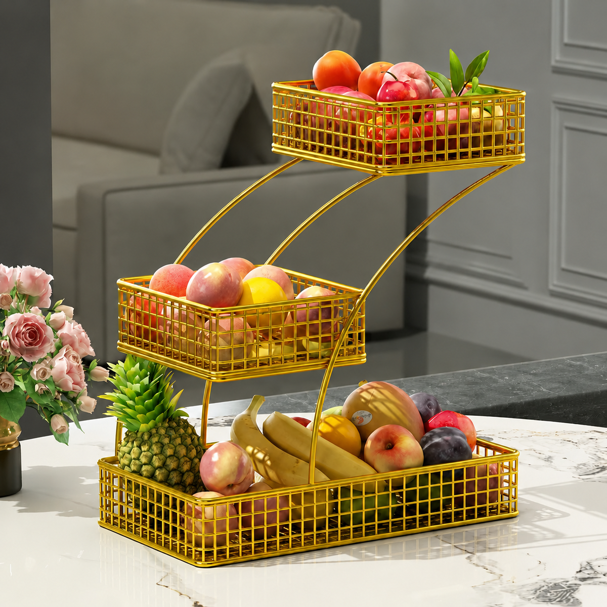 3 Tier Golden Fruit Basket Stand