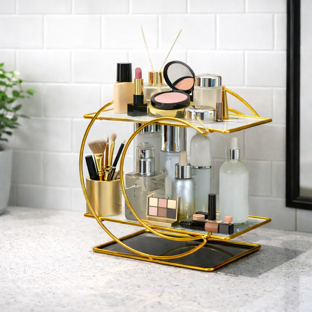 Luxury Golden Cosmetic & Skincare Organizer Rack – 2 Tier