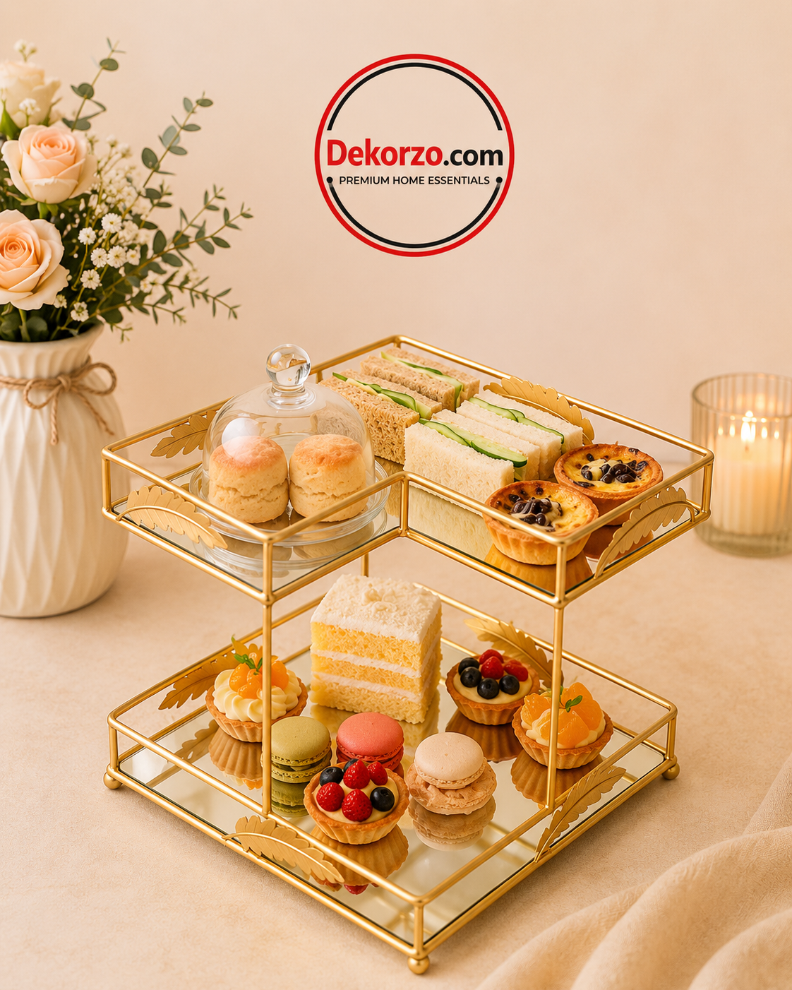 Gold Metal 2-Tier Decorative Tray / Makeup Organizer