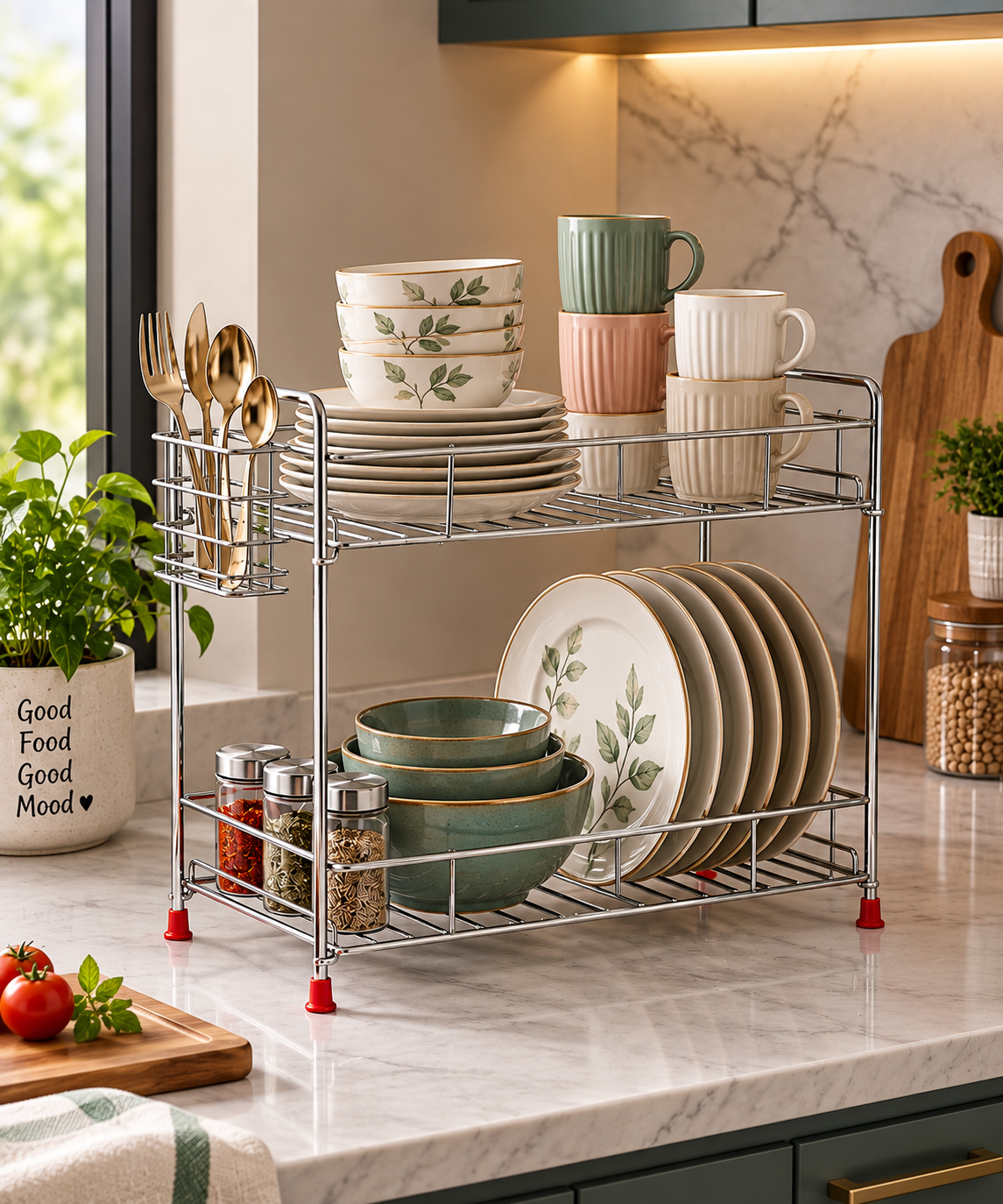 2-Tier Stainless Steel Kitchen Dish Rack with Cutlery Holder