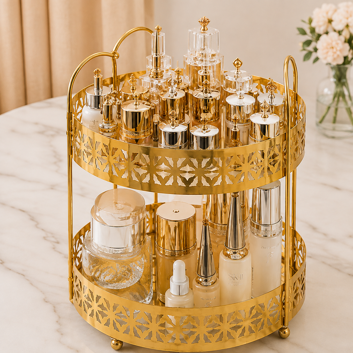 2 Tier Golden Metal Cosmetic & Skincare Organizer