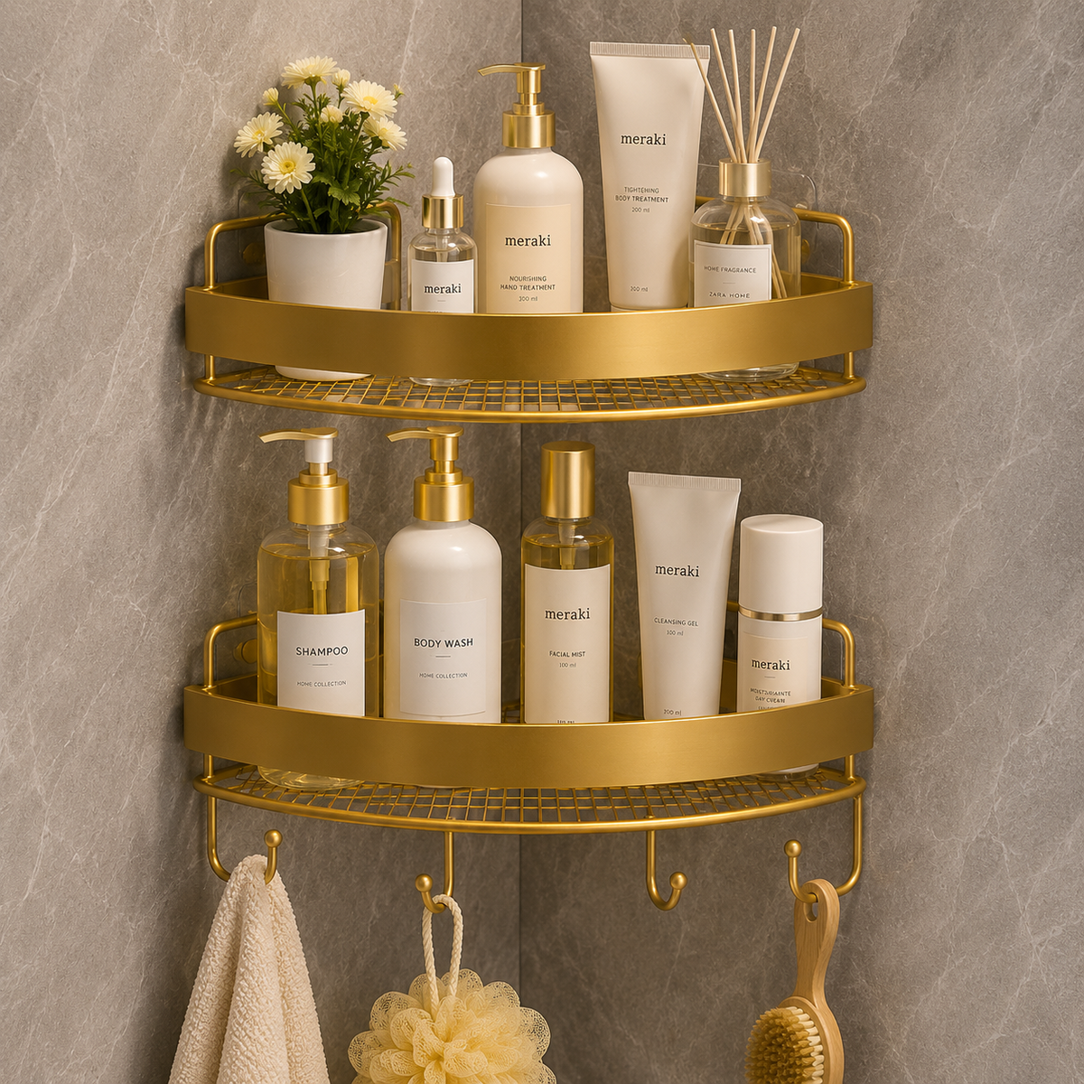 Luxury Golden Corner Bathroom Shelf – 2 Tier