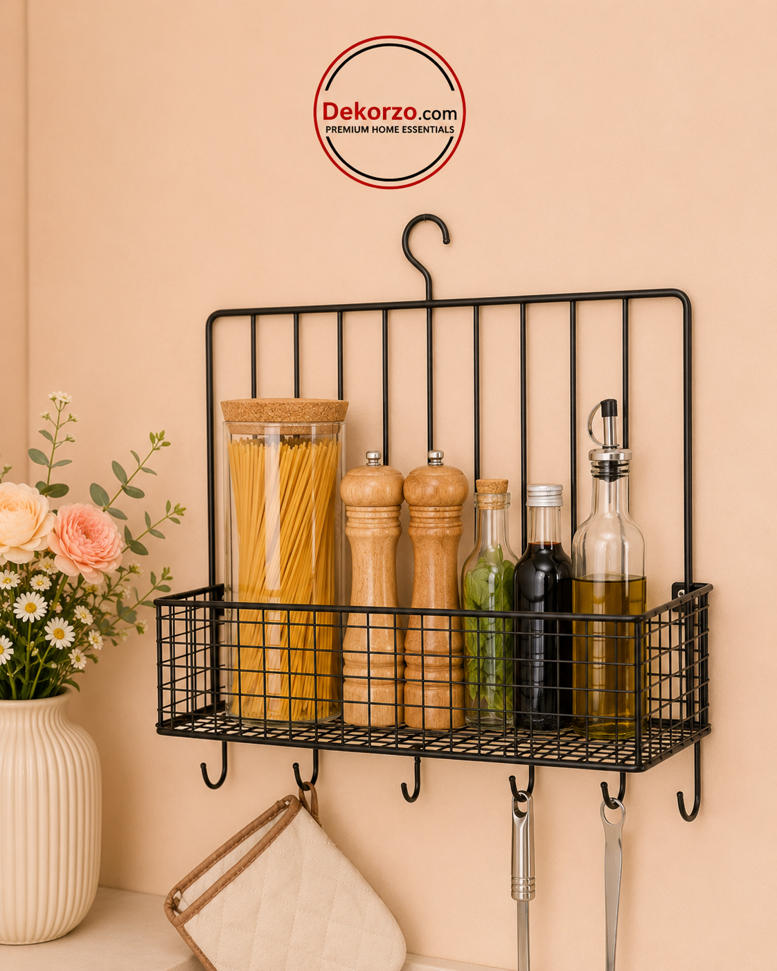 Metal Spice Rack with 5 Utensil Hooks, Standard, Black