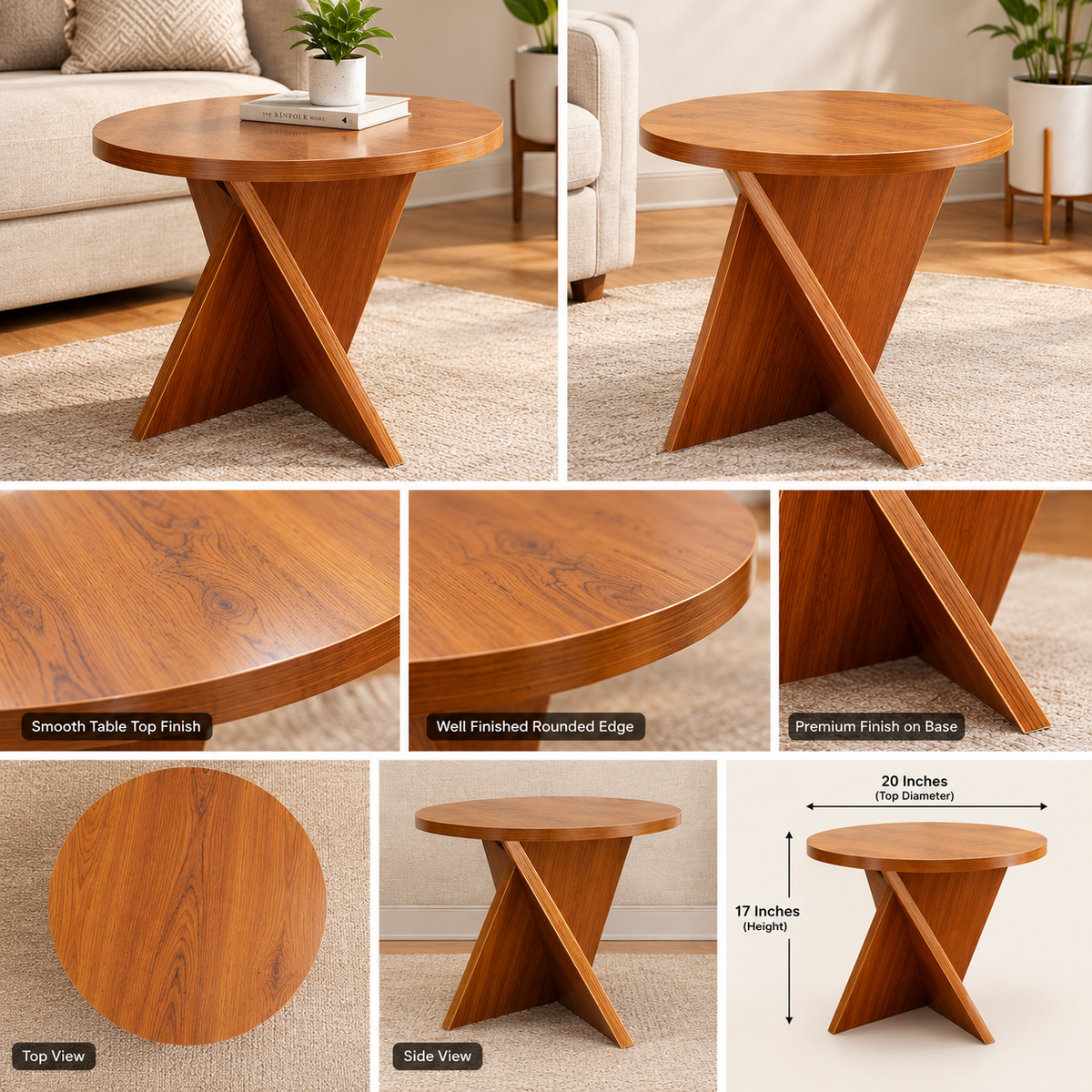 Modern Round Wooden Side Table – Stylish X-Shape Base