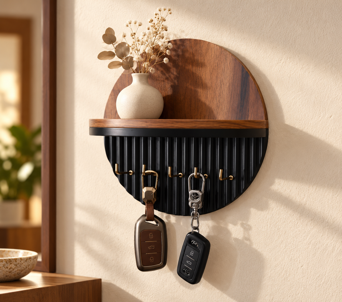 Wooden Wall Mounted Key Holder with Storage Shelf & Hooks