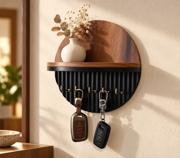 Wooden Wall Mounted Key Holder with Storage Shelf & Hooks