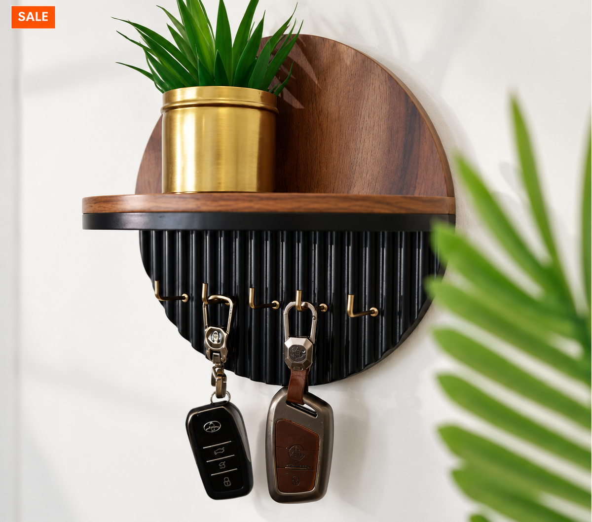 Wooden Wall Mounted Key Holder with Storage Shelf & Hooks