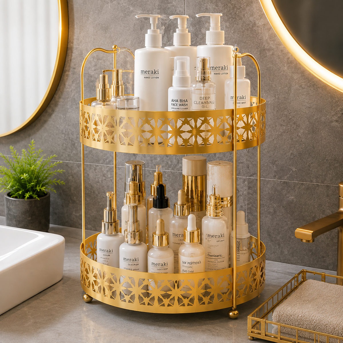 2 Tier Golden Metal Cosmetic & Skincare Organizer