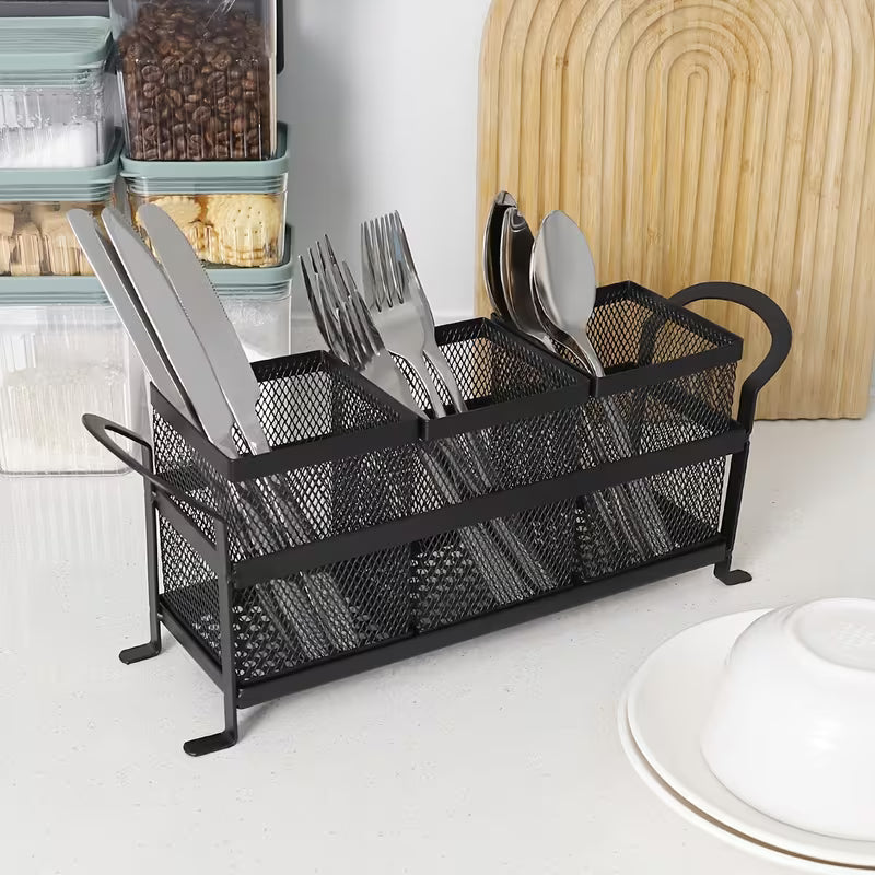 3-Compartment Metal Mesh Cutlery Organizer with Handle