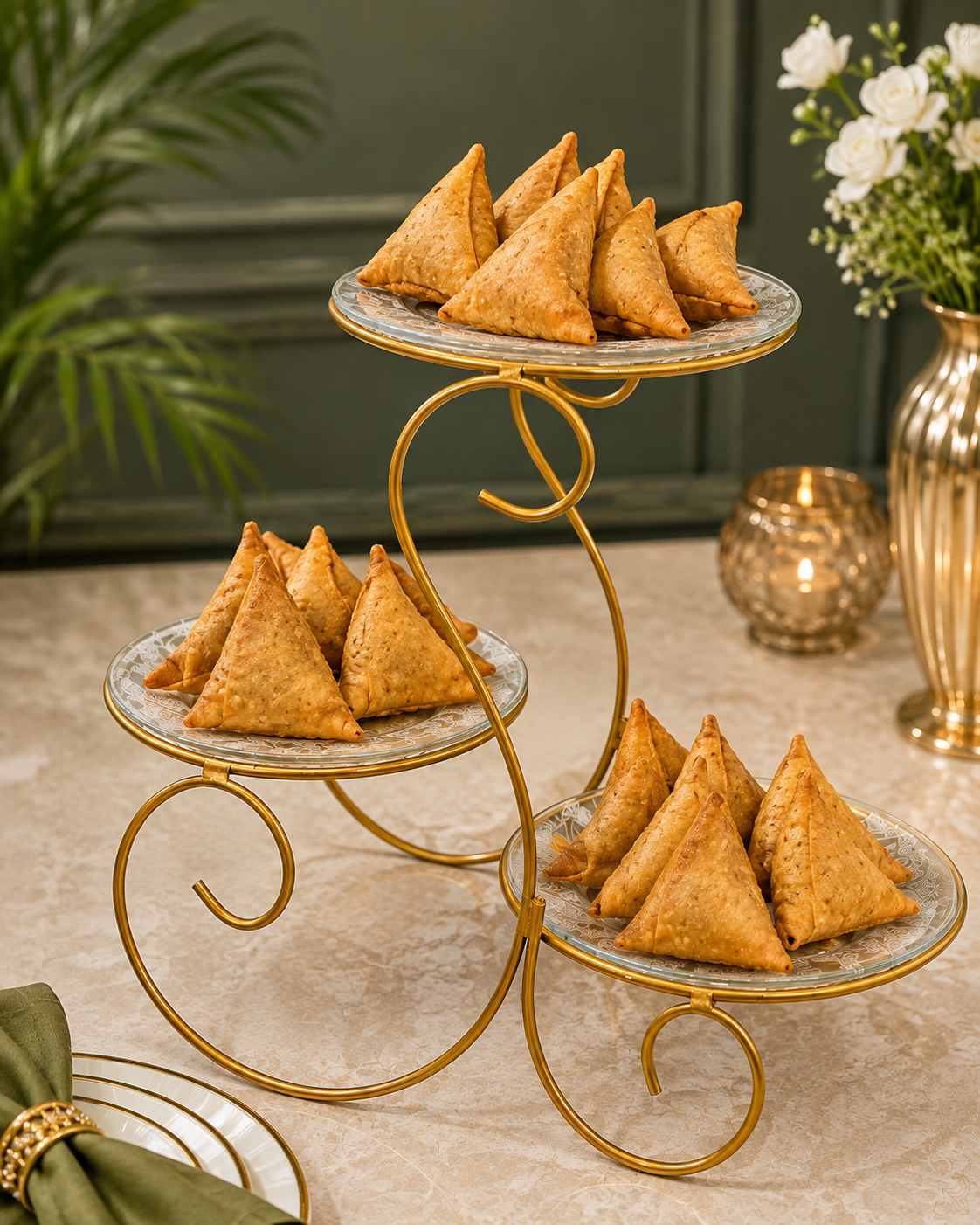 Elegant 3-Tier Gold Samosa Serving Stand