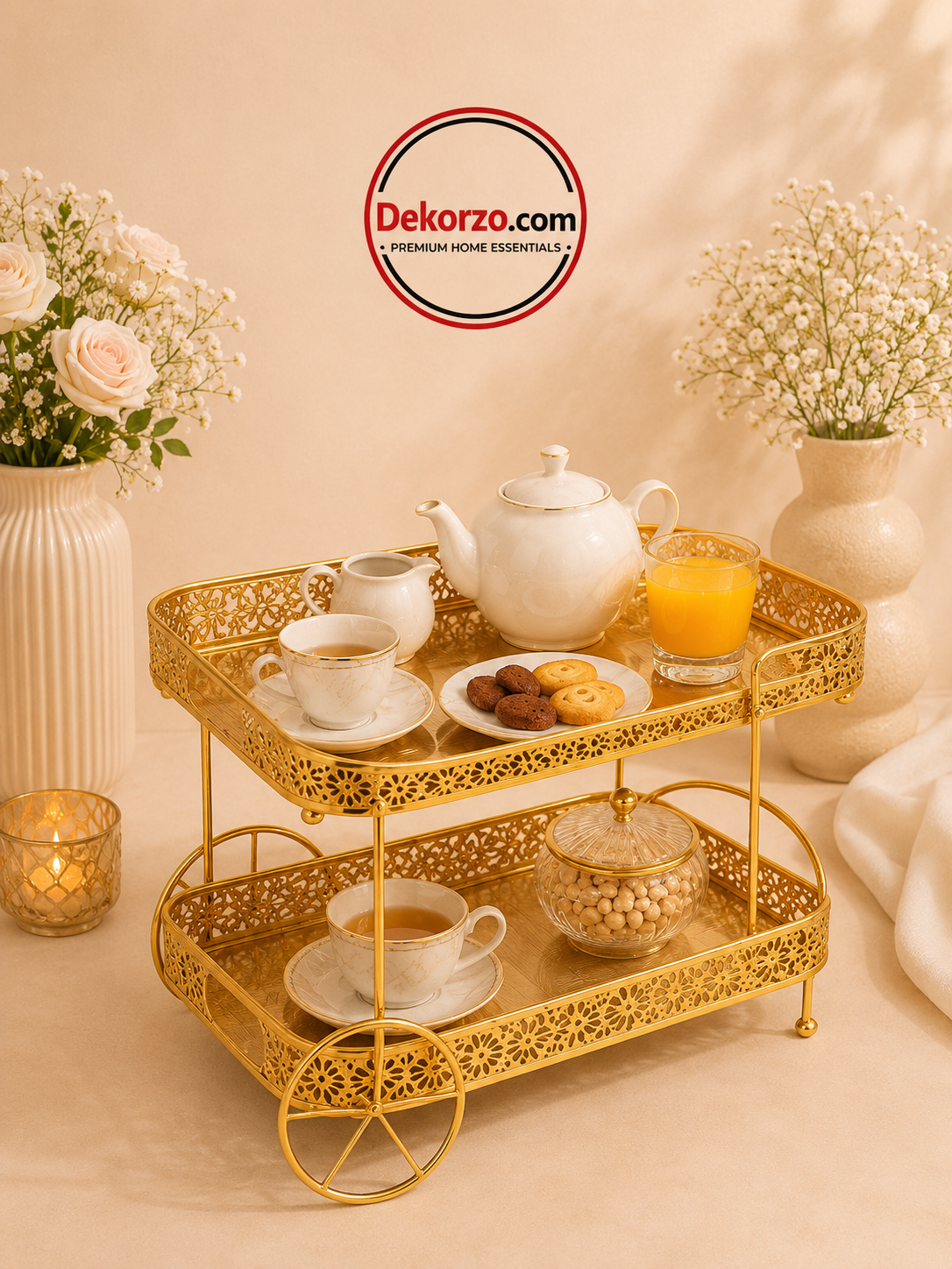 Luxury Gold 2-Tier Serving & Makeup Organizer Trolley