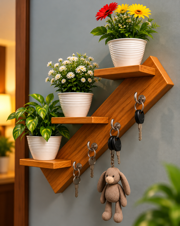 Wooden Wall Shelf with Key Holder – 3 Tier