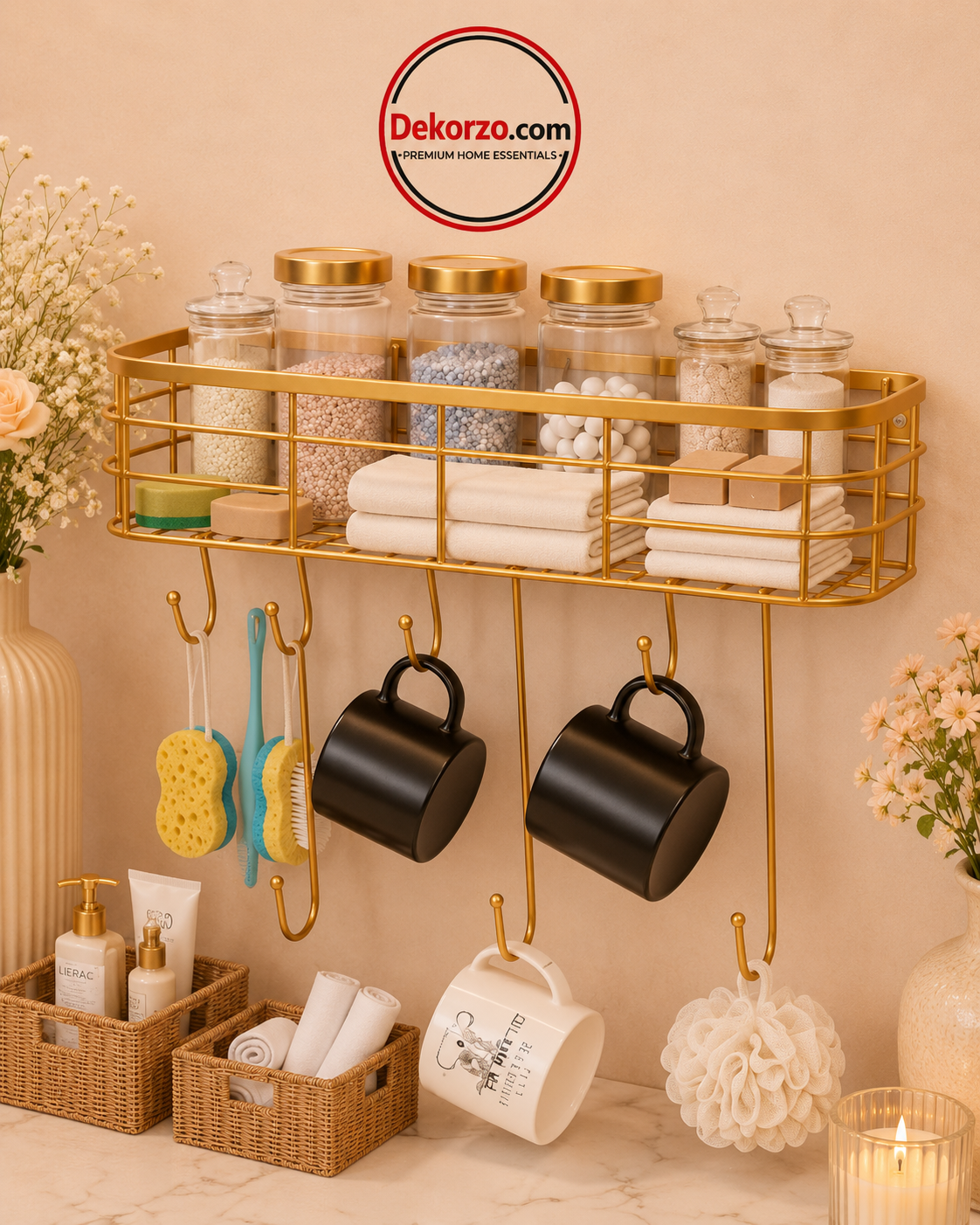 Wall Mounted Shelf Organizer with 6 Hooks