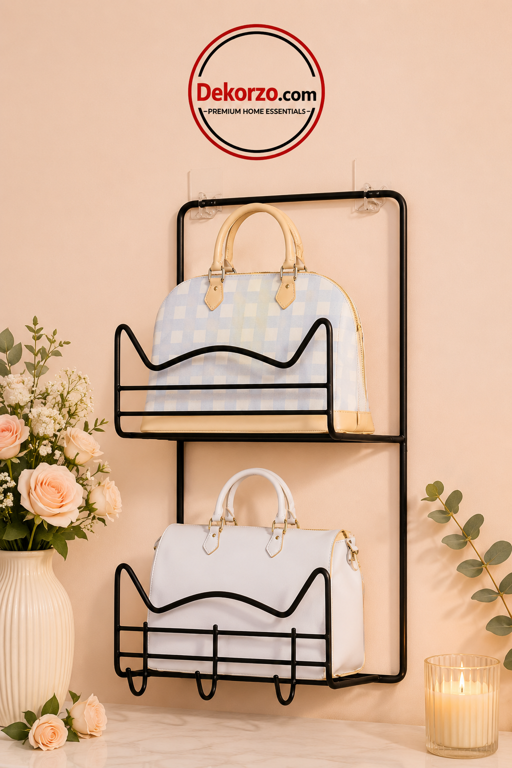 Wall-Mounted Handbag Organizer Rack with Key Hooks