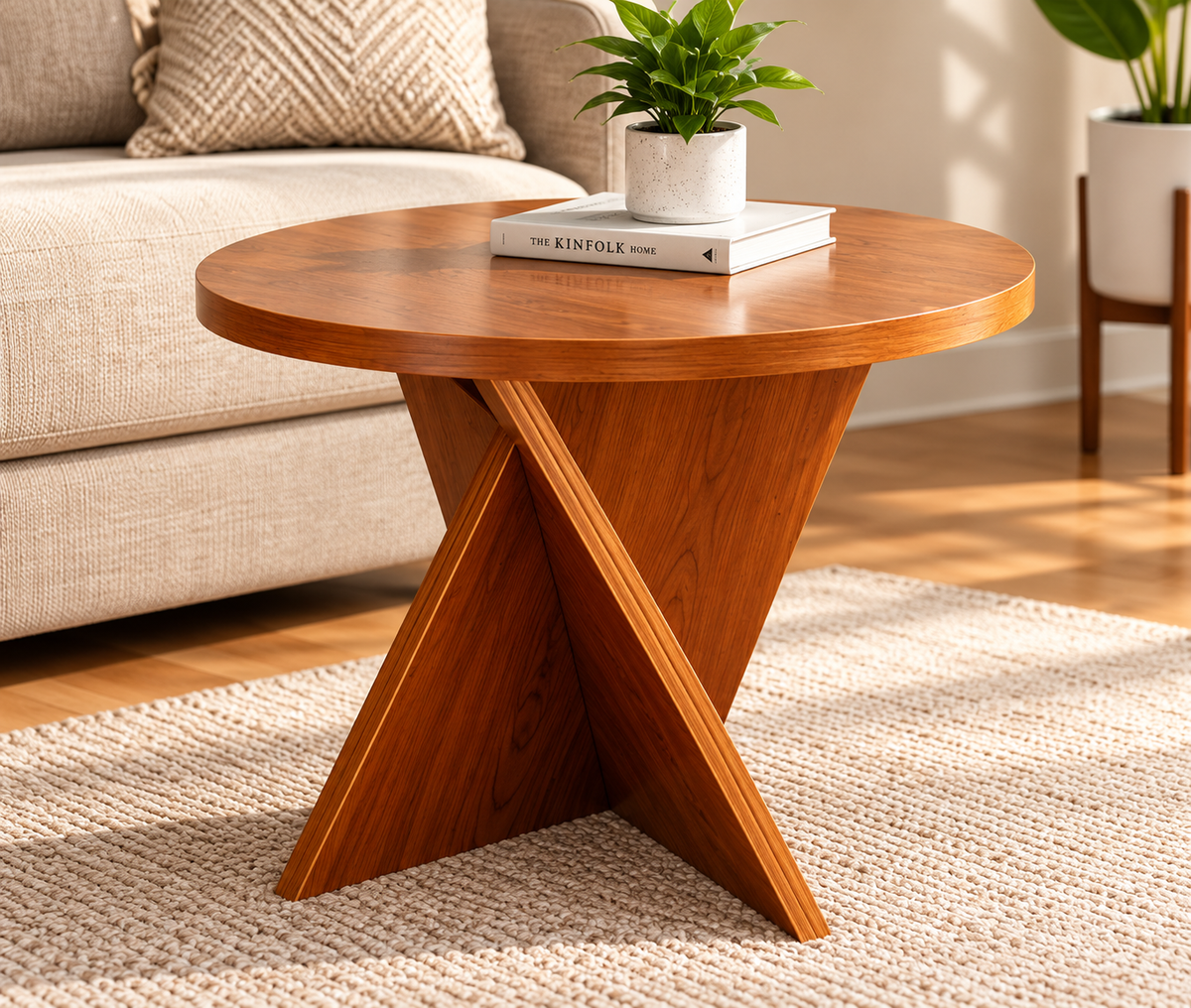 Modern Round Wooden Side Table – Stylish X-Shape Base