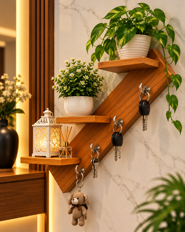Wooden Wall Shelf with Key Holder – 3 Tier