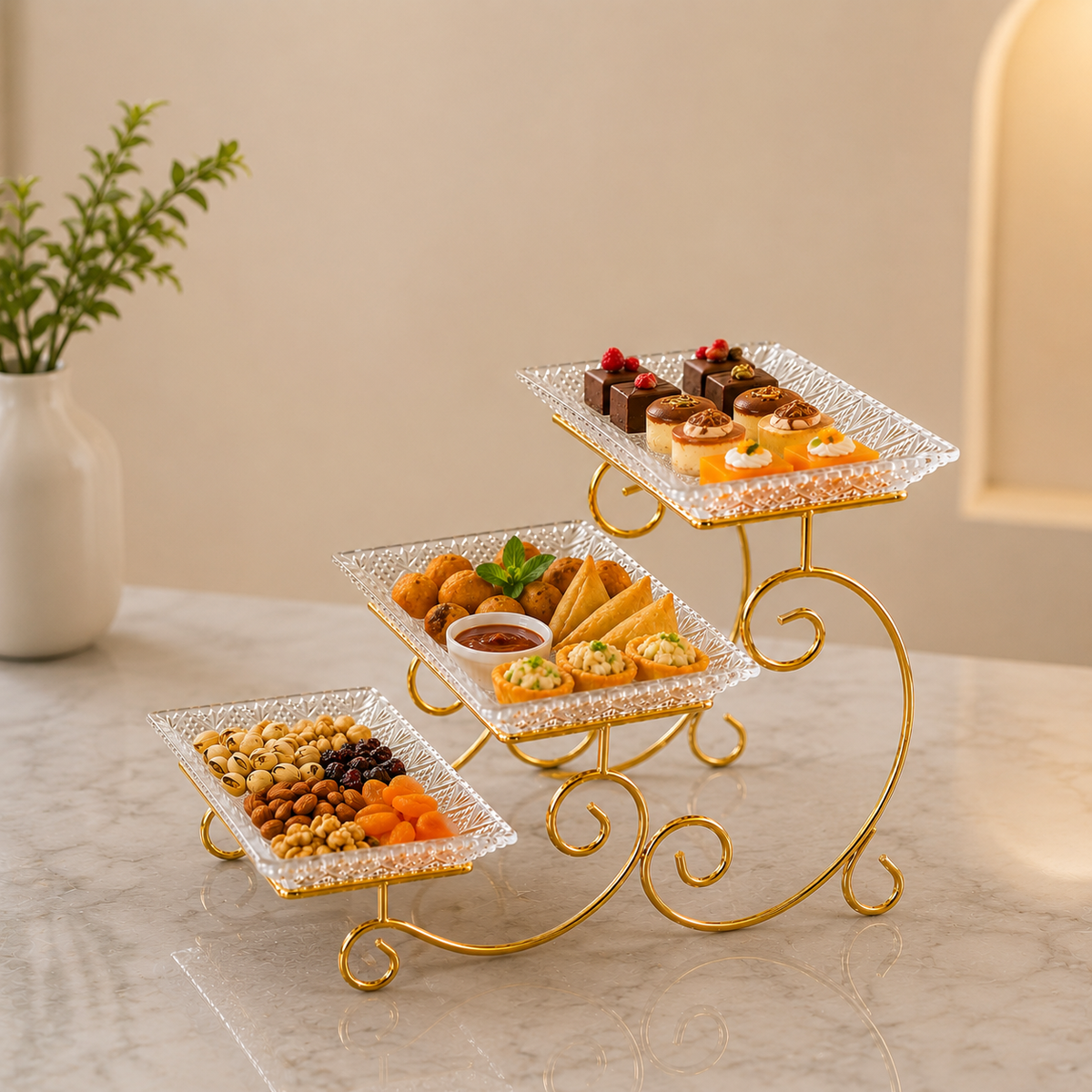 3-Tier Luxury Gold Crystal Serving Stand