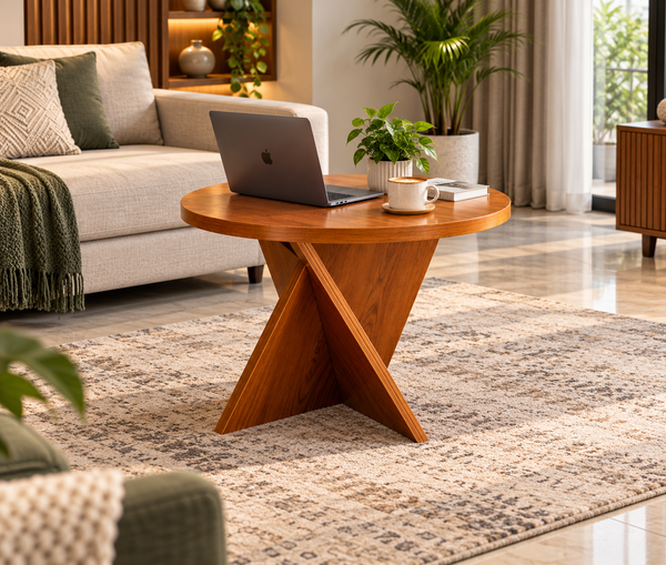 Modern Round Wooden Side Table – Stylish X-Shape Base
