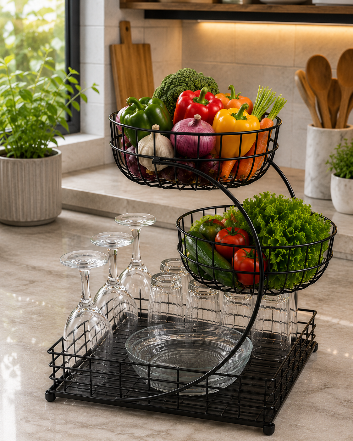 Layer Metal Fruit Basket with Glass Holder