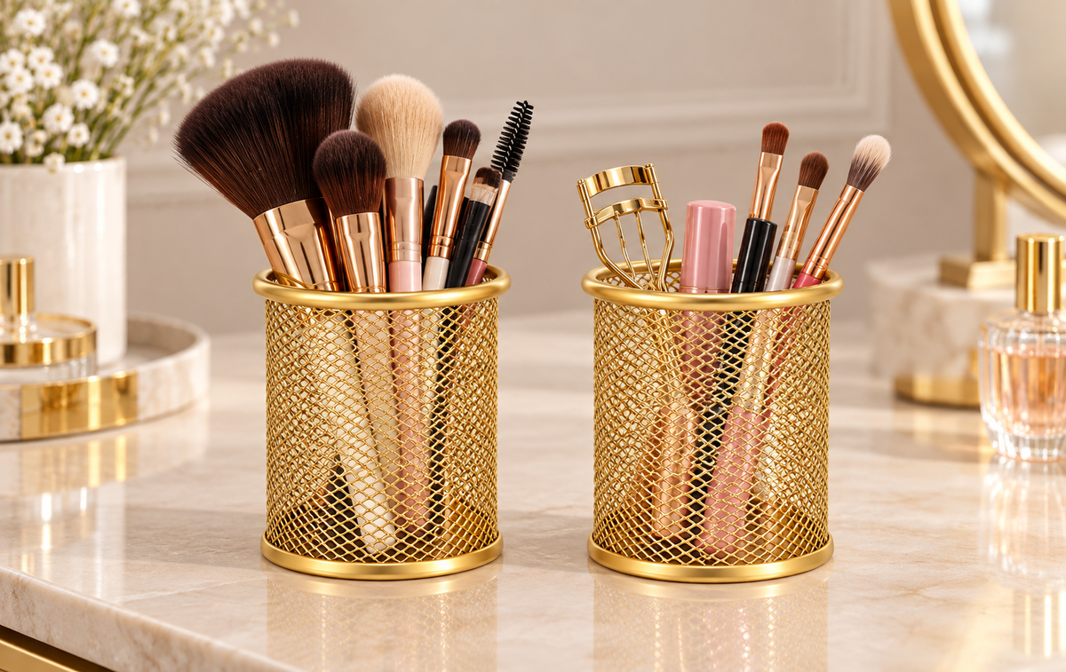 Premium Golden Metal Mesh Pen Holder & Desk Organizer