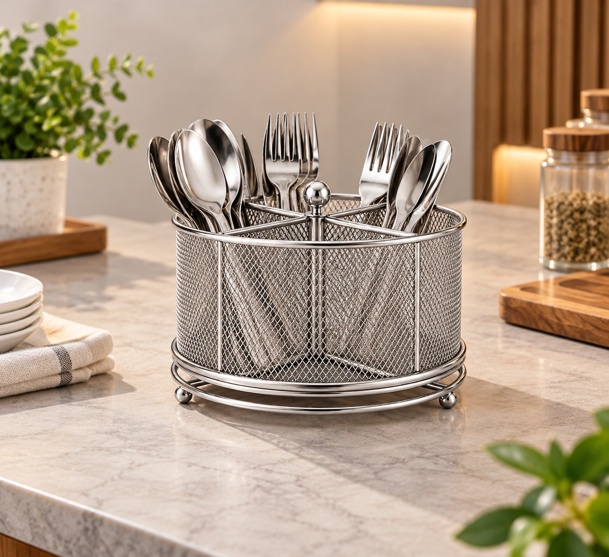 Silver Metal Mesh Cutlery Organizer – Spoon, Fork & Kitchen Utensil Holder