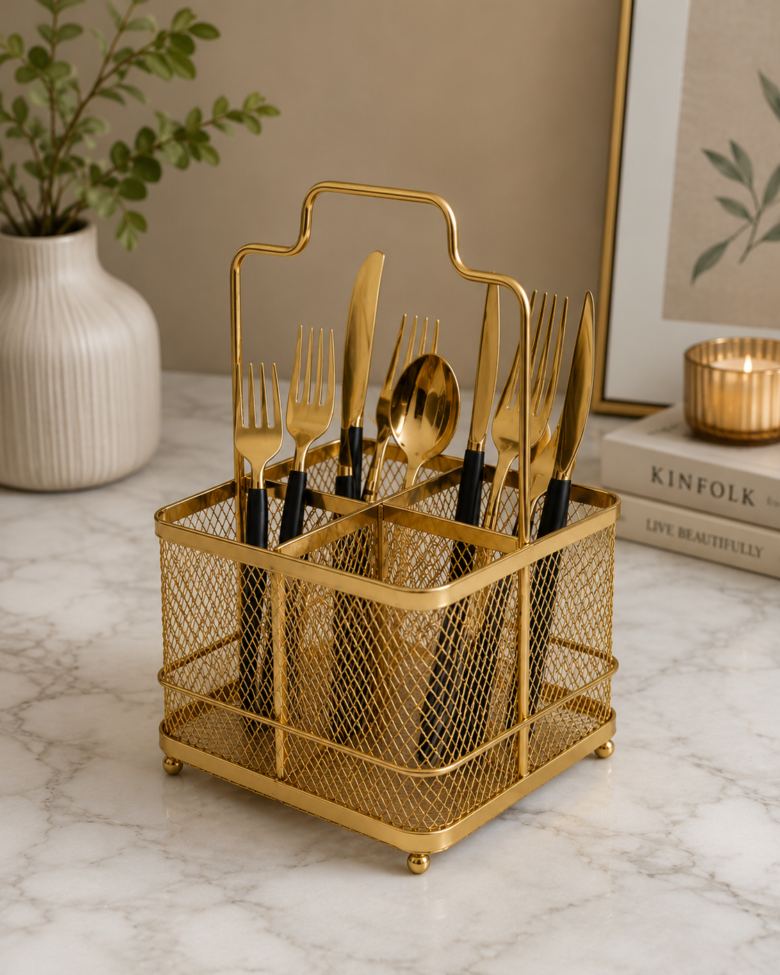 Luxury Gold Mesh Cutlery Holder & Utensil Organizer