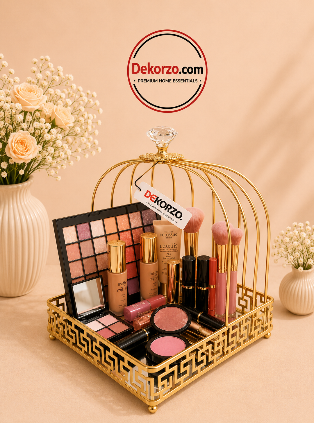 Premium quality golden metal makeup organizer