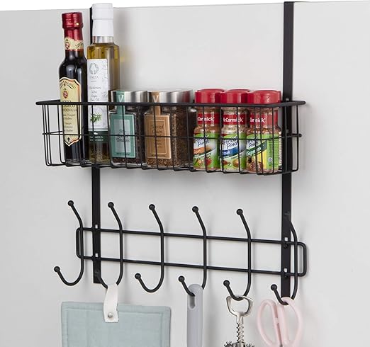 Metal Wire Storage Basket with 6 Hooks Black