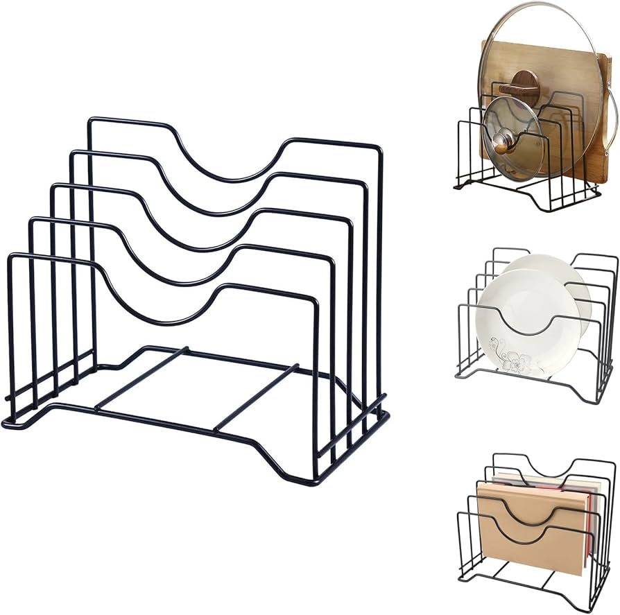 Metal Pot Lid Organizer Rack – Kitchen Countertop & Cabinet Storage Holder