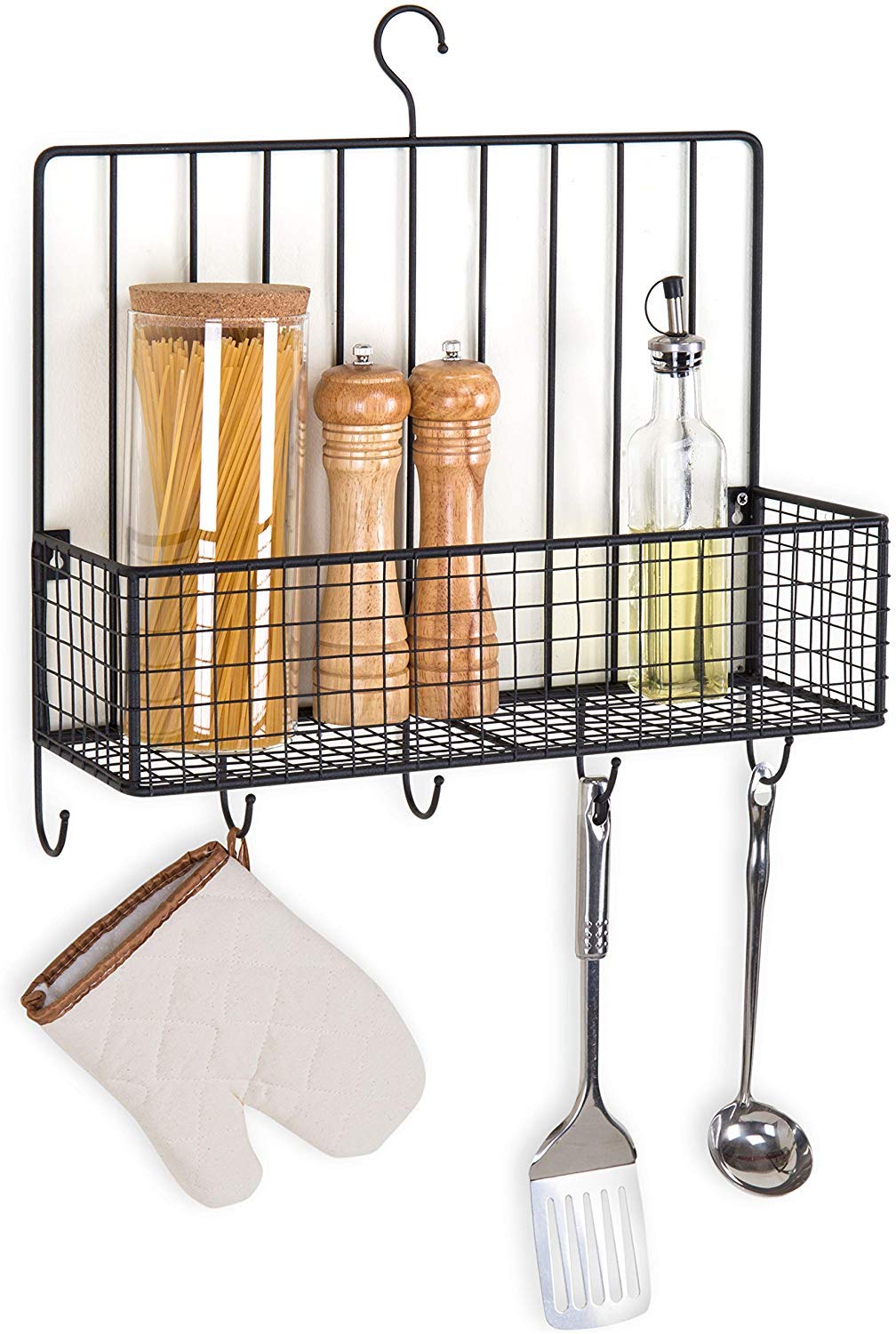 Metal Spice Rack with 5 Utensil Hooks, Standard, Black